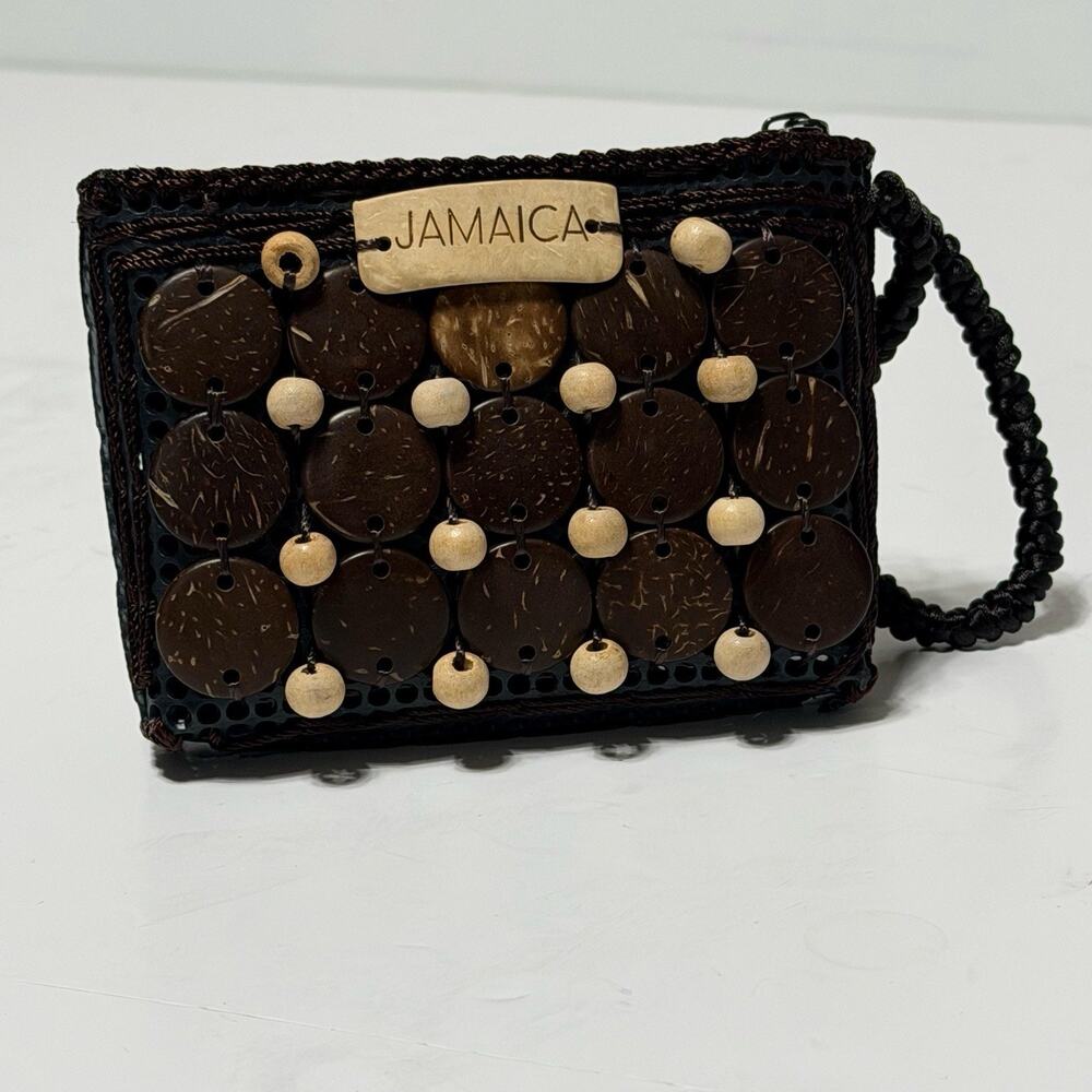 Made in Jamaica Beaded Wristlet Wallet Clutch Zip Coin Purse Brown